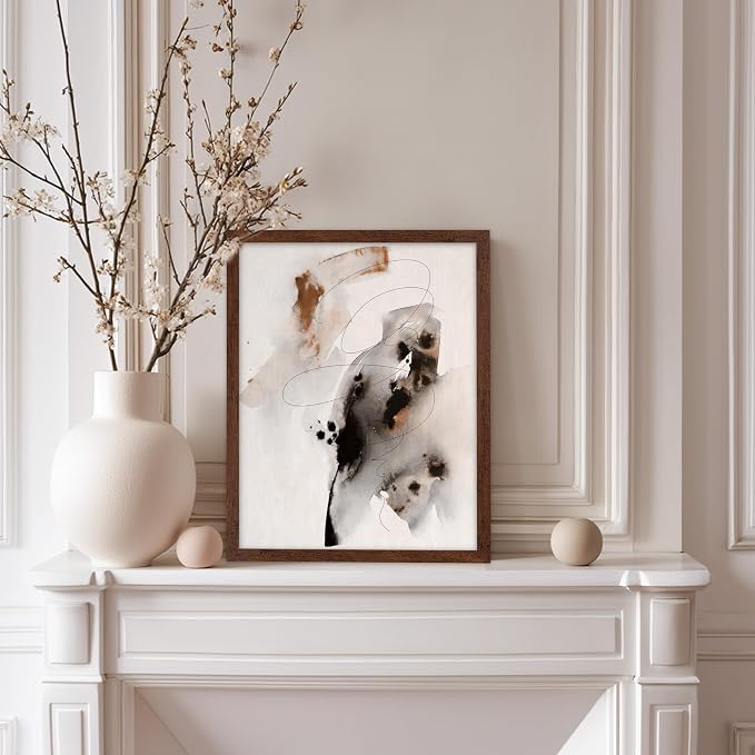 Poster Master Ink Wash Painting Poster - Line on Ink Wash Print - Ink Brush Art - Abstract Illustration - Line Design - Bedroom or Living Room Wall Decor - 11x14 Brown Framed