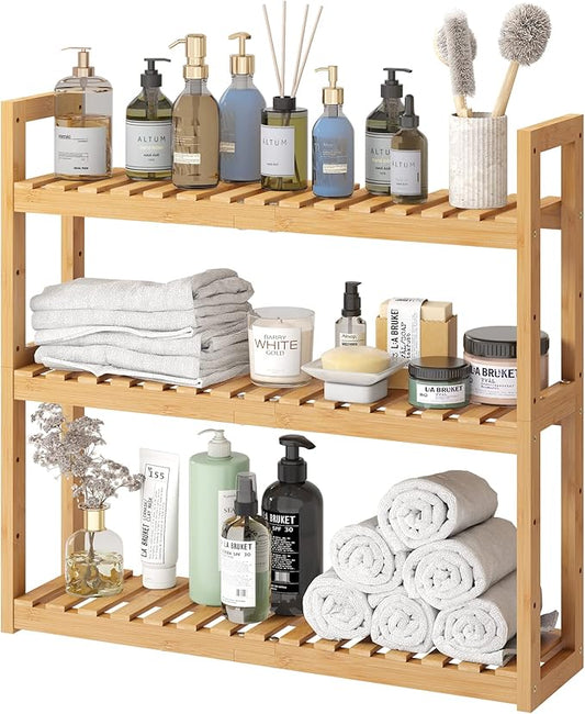 Bamboo Organizer Rack - Adjustable 3-Tier Storage Shelf, Wall Mounted or Over The Toilet, Living Room, Kitchen (Natural)
