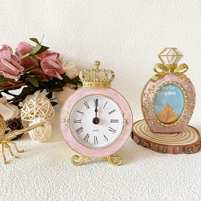 Vintage Mini Analog Table Clock, Silent Crown Table Clock with Hand-Painted Metal Body and Battery Operated Non-Ticking Core for Shelf, Living Room, Bedroom, Bedside, Desk