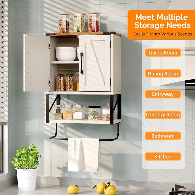VINGLI Small Bathroom Medicine Cabinet with Tower Bar 7.1"D x 15.4"W x 23.3"H Farmhouse Wall Cabinet Over Toilet Storage with Adjustable Shelf Wall Mounted for Bathroom Kitchen (Rustic White & Brown)