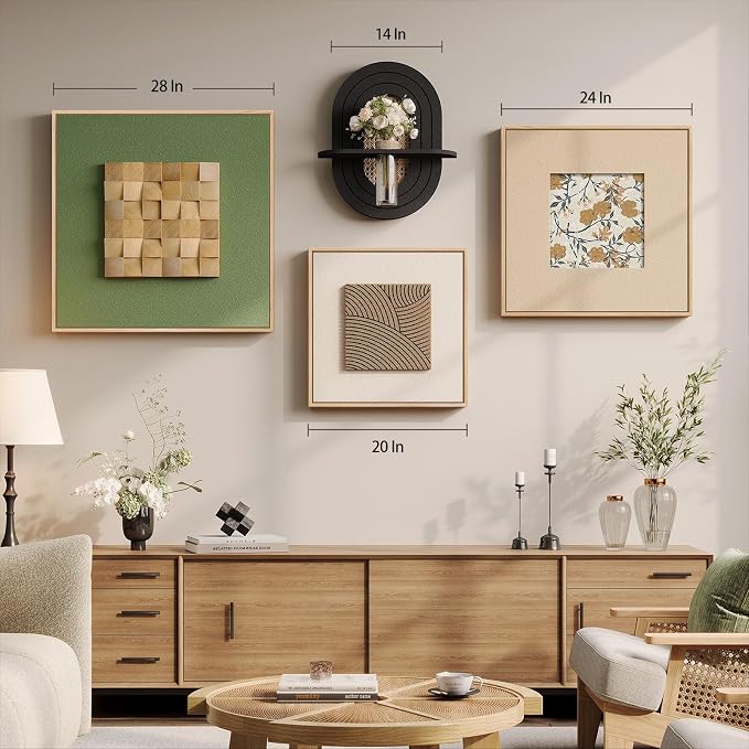 Large Framed 3D Wall Art for Living Room, 4 Piece Textured Wood Abstract Paintings Artwork for Walls, Minimalist Green Beige Geometric Pictures Wall Art Decor Set for Dining Room, Hallway, Office