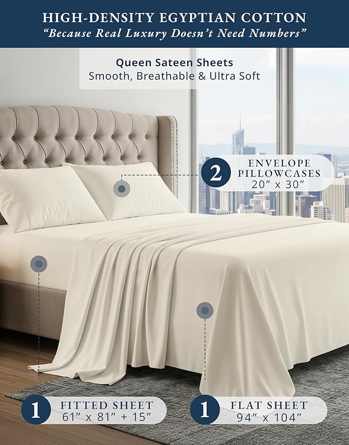 100% Egyptian Cotton Queen Size Bed Sheet set - Naturally Breathable & Durable Winter Comfort Queen Bed Sheets Set, Ultra-Soft Hotel Luxury Comfort with 15" Deep Pocket, Silky Sateen Weave - Ivory