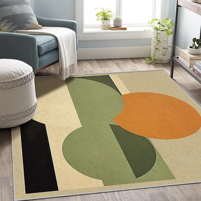 Mid Century Modern Rug 7x8, Washable Abstract Geometric Rugs for Living Room Bedroom, Minimalist Area Rug for Home Decor, Non Slip Backing Floor Carpet - 7 x 8 ft