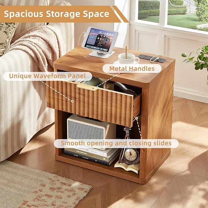 LEYAOYAO Fluted Nightstand with Charging Station, 23" Wide 1 Drawers Night Stand,Brown End Table with Open Storage,Farmhouse Bed Side Tables, Wood Dresser for Bedroom, Living Room, Closet