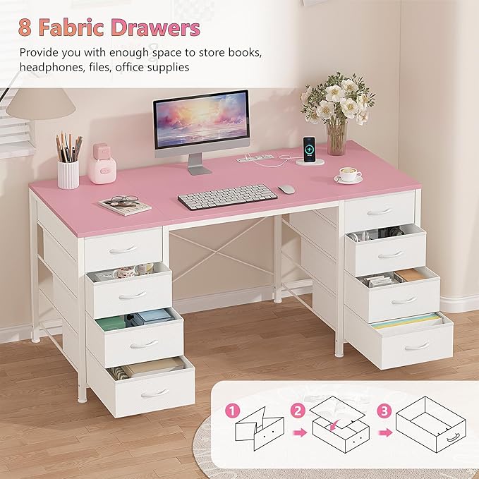 YOMILUVE 50 Inch Computer Desk with 8 Drawers, Home Office Desk with Power Outlets, Work Study Gaming Desk with 8 Fabric Drawers, Pink