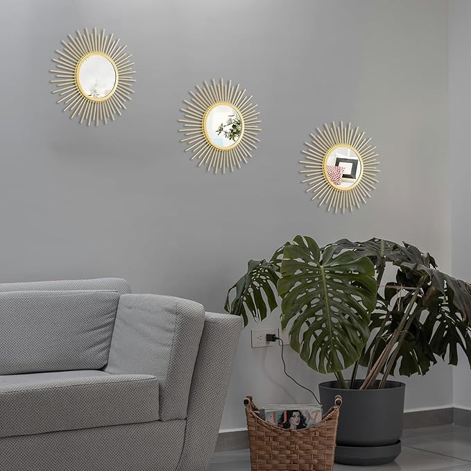 Cityelf 3 Set Sunburst Mirrors for Wall Decorative Metal Mirrors Small Mirror Sets Decor Hanging Mirror Wall Sculpture for Bedroom Living Room Entryway
