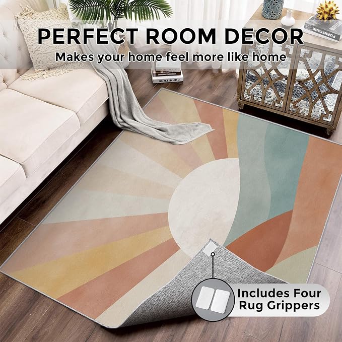 3x4 Boho Sun Rugs for Bedroom Decor, Washable Retro Sunrise Pattern Area Rug, Living Room Home Decoration, Non Slip Soft Thin, Mid Century Modern Decor Carpet PF-P 117