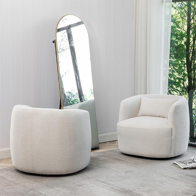 KINWELL 34" Wide Boucle Swivel Barrel Chairs Set of 2, No Assembly Round Upholstered Armchairs Accent Chairs Single Sofa Chair with Toss Pillow for Living Room and Bedroom, Beige