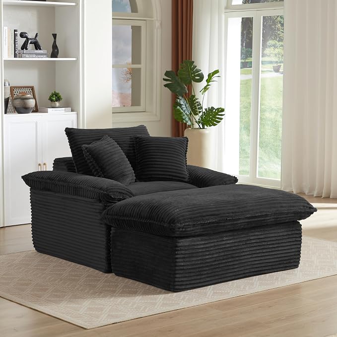 52" Boneless Chaise Lounge – Oversized Chaise Lounge Chair Indoor with Ottoman, Cup Holder & 3 Pillows, Corduroy 3-in-1 Floor Sleeper Chair Bed for Adults, Reading, Napping,Black | Breathable Material