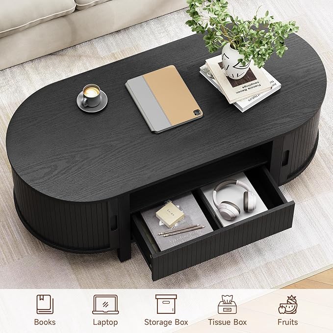 ONBRILL 47.2 Inch Oval Coffee Table with Storage, Mid Century Modern Coffee Table with Drawer, Center Table with Sliding Door and Wood Fluted Handle for Living Room, Black