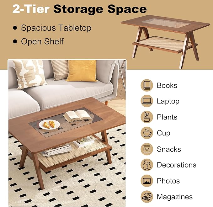 Mid Century Modern Coffee Table with Glass Top and Rattan Storage Shelf, Rectangular Walnut Wooden Coffee Table, Unique Center Tables for Living Room Apartment Home, 39.4 Inch