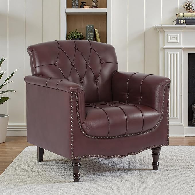 Faux Leather Accent Chair, PU Leather Modern Comfy Upholstered Armchair with Wood Legs & Nailhead Trim for Living Room, Bedroom (Red,Set of 1)