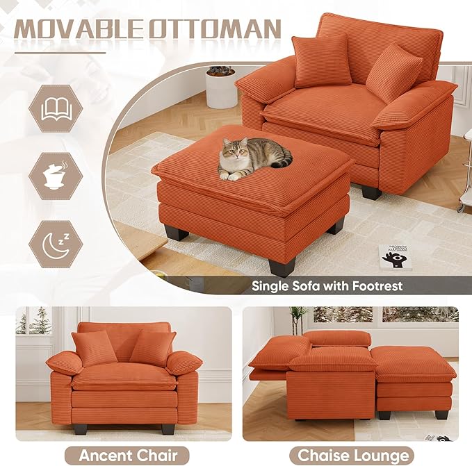 Chaise Lounge Chair Indoor, Oversized Accent Chairs with Ottoman, Luxury Corduroy Upholstered Deep Seat Sleeper Sofa Reading Chairs and A Half with Pillows for Living Room, Bedroom, Apartment, Orange