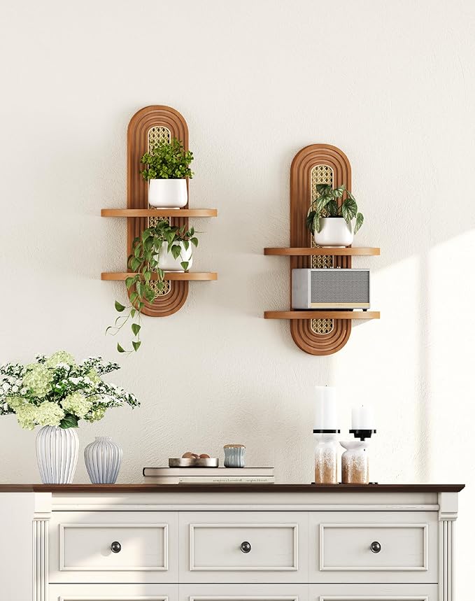 Floating Shelves for Wall,Boho Rattan Plant Shelf Wall Mounted,Mid Century Hanging Small Decorative Shelf,2 Tier Natural Wood Shelves for Living Room,Bedroom,Nursey Room,2-Pack (Walnut)