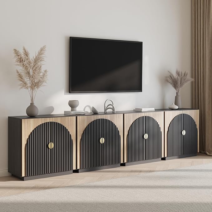 BELLEZE Set of 3 Fluted Sideboard Buffet Cabinet with Storage, Mid-Century Modern Console Table with Symmetrical Arched Doors, Elegant Credenza for Dining Room, Kitchen, and Living Room, Camel