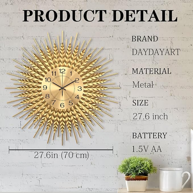 28 Inch Gold Large Wall Clock Decorative Metal Mid Century Wall Clocks, Modern Big Silent Non-Ticking Clock, Modern Handmade Home Art Decor for Living Room, Bedroom, Dining Room