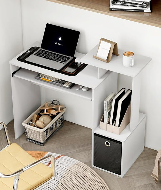 White Computer Desk with Drawers, Small Writing Desk with Storage Shelves for Home Office Bedroom Study Living Room