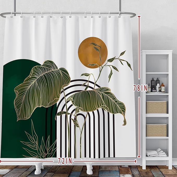 Baocicco Boho Shower Curtain Green Gold Leaves Plants Sun Modern Abstract Geometric Shower Curtains Decorative for Bathroom Waterproof Fabric Shower Curtain with Hooks 72x78 Inches