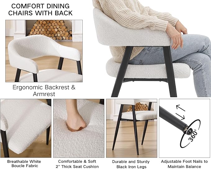 HNY Modern Dining Room Arm Chairs Set of 4, Faux Sherpa Boucle Upholstered Barrel Dining Chairs with Arms Mid-Century White Accent Chair with Metal Legs, Open-Back Kitchen Side Chair for Living Room