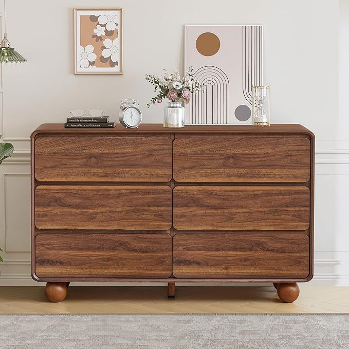 AVZEAR Modern 6 Drawer Dresser for Bedroom, 48" Wide Wooden Dresser Chest of Drawers, Handle Free & Curved Profile Design, Mid Century Closet Clothes Storage Organizer for Living Room, Walnut