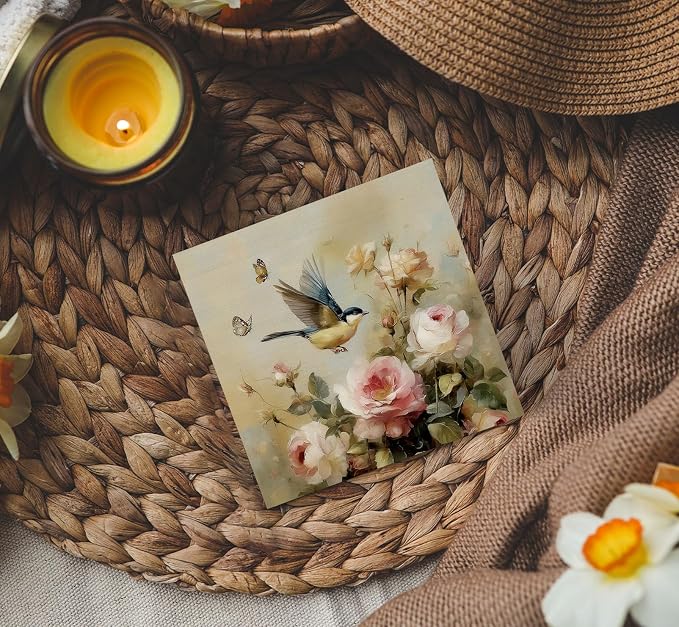 Vintage Floral Bird Decor Signs, Bird Gifts for Women Men Lover, Neutral Cottagecore Botanical Flower Wooden Box Sign for Home Bedroom Desk Table Shelf 5x5 Inch