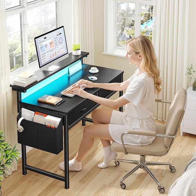 DurayLoly 31Inch Office Computer Desk with LED Lights & 2 Fabric Drawers, Gaming Desk with Side Pocket & Ergonomic Monitor Stand, Small Space Study Writing Table with Anti-Tip Design,Black