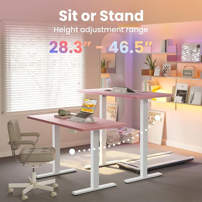 HUANUO Electric Standing Desk, 55" x 28" Height Adjustable Desk, 4 Memory Height Settings, Sit to Stand Up Desk for Home Office, with Headphone Hook, Cable Manager, Pink