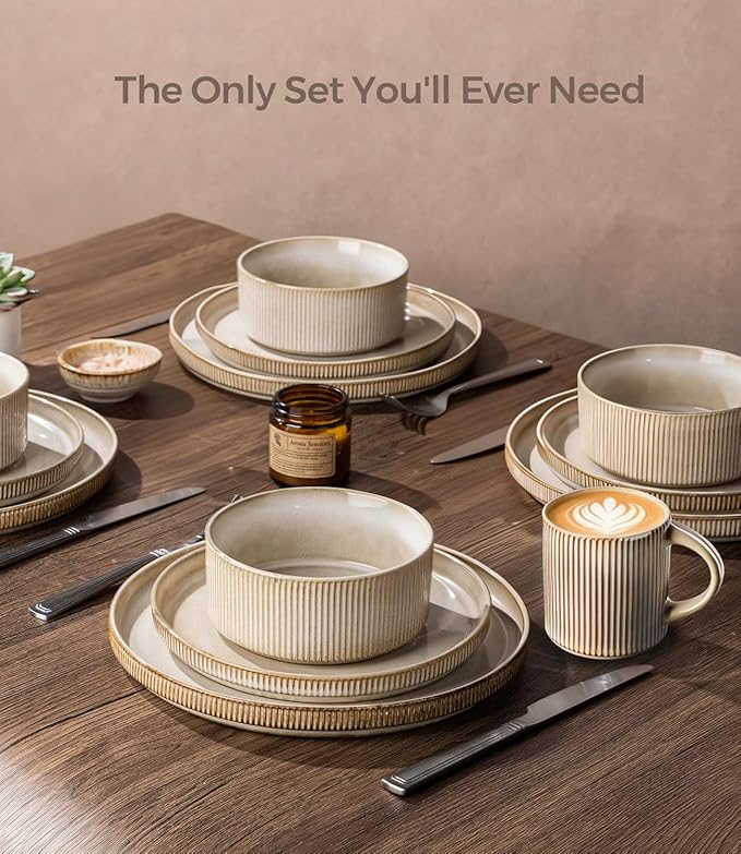 GBHOME 24-Piece Stoneware Dinnerware Set for 8 – Ribbed Ceramic Plates and Bowls, Scratch-Resistant, Microwave & Dishwasher Safe, Reactive Glaze, Cappuccino