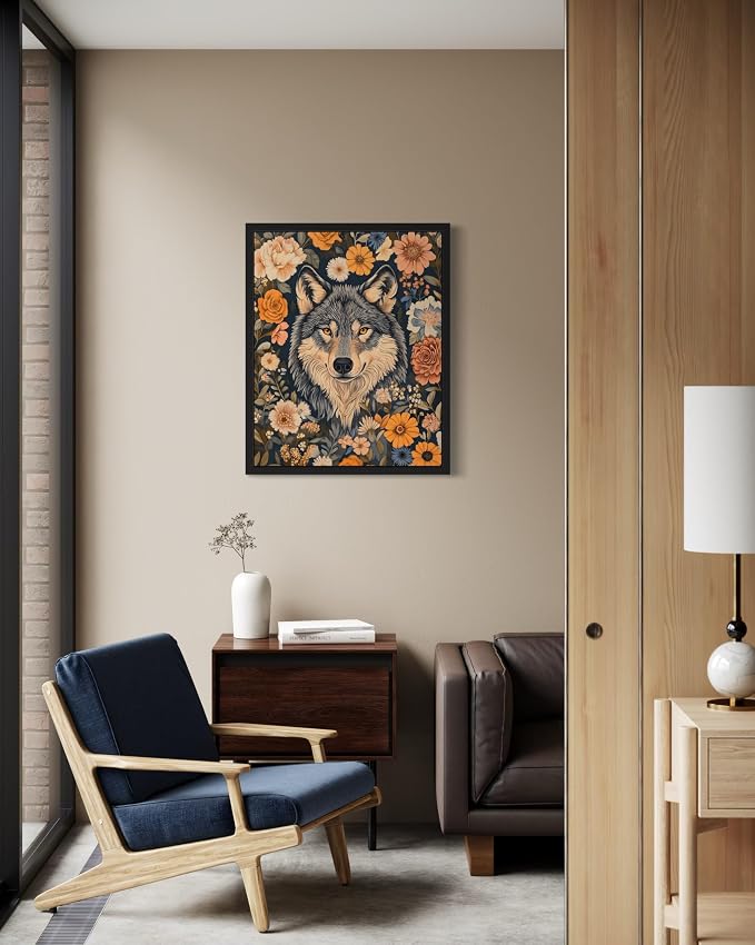 Wolf Art Print Poster, William Morris Style Retro Mid Century Botanical Victorian Dark Academia Gothic Decor Gallery 10b (Wolf, 18 x 24 inches, Black Frame)