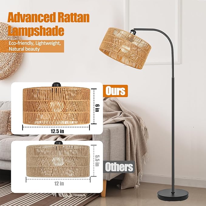 Rattan Floor Lamp- Boho Floor Lamp for Living Room, Rattan Standing Lamps with Dimmable Bulb, Adjustable Rattan Lamp Shades Bohemian Over Couch Lamps for Bedroom, Office