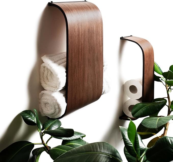 Toilet Paper Holder, Wooden Shelf, Walnut WC Roll Storage, Wall Mount Floating Rolls Rack, Unique Holders for Bathroom, TP Organizer (Cherry, Thin)