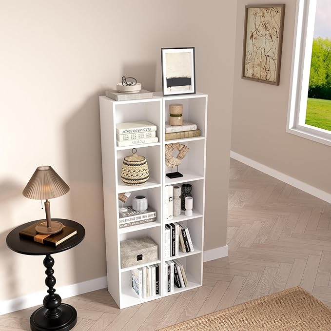 5-Tier Wooden Cube Storage Organizer, 52 Inch Tall Bookcase & Display Shelf with 5 Open Cubes, Freestanding DIY Closet Shelving Unit for Living Room Bedroom Office (White, 5 Cube-W(11.8inch)