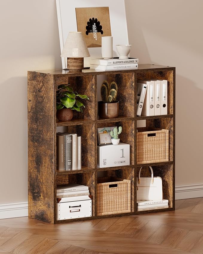 GTPLAYER 9-Cube Storage Organizer, Fits 11" Bins, Vertical or Horizontal Use, Opening Bookshelf, Partial Back Panels, Stackable Design Bookcase, for Living Room, Media Console, Hallway, Rustic Brown