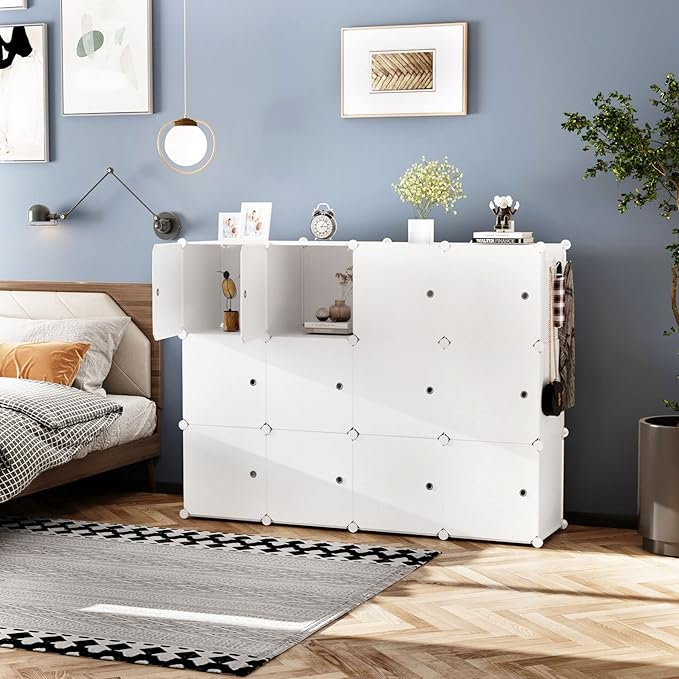 C&AHOME Cube Storage Organizer with Doors, 12-Cube Shelves, Closet Cabinet, DIY Plastic Modular Bookshelf Ideal for Home, Living Room, 36.6”L x 12.4”W x 48.4”H Milky USHS3012M-DOOR