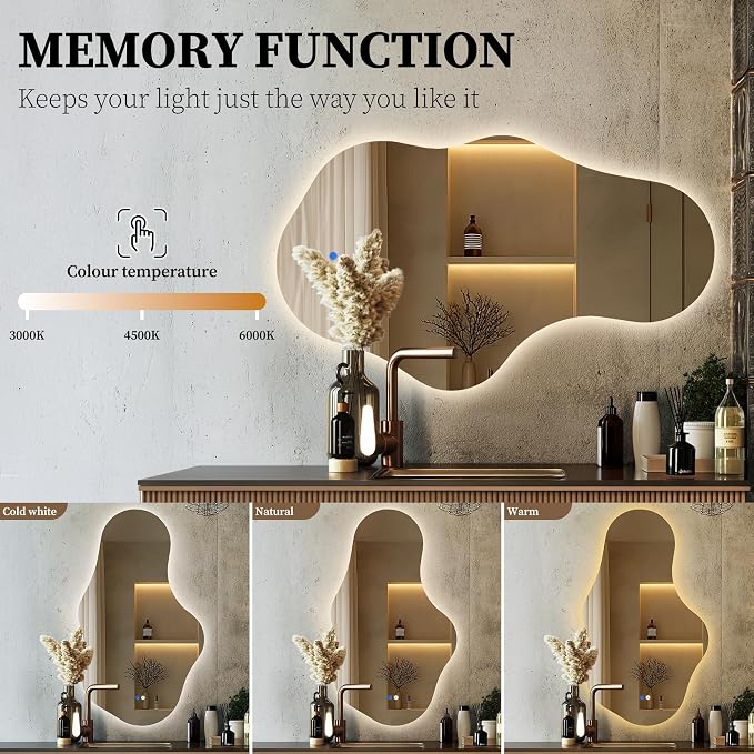 Irregular LED Bathroom Mirror with Lights, Backlit Vanity Mirror for Wall, Asymmetrical Wall Mirror, 3 Color Dimmable Anti-Fog Smart, Decorative Mirror for Bathroom, Entryway(22″ x 36″, 2 Pack)