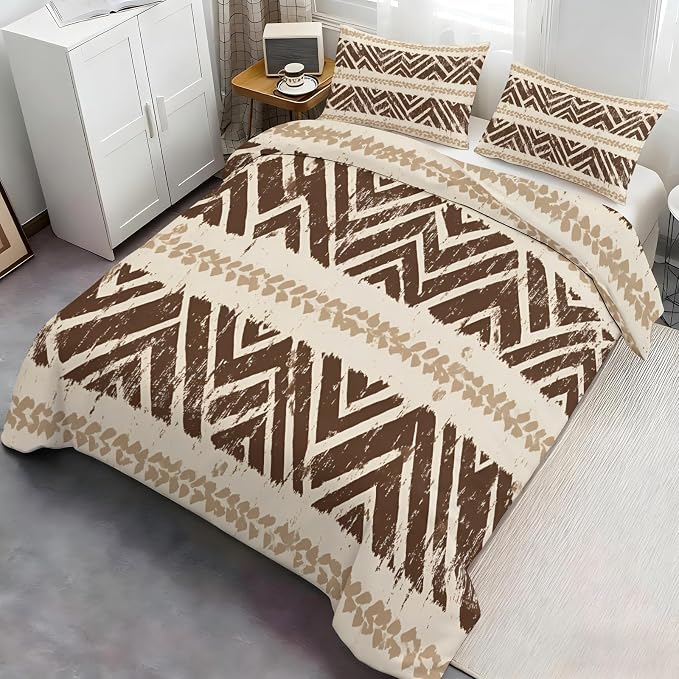 Geometric Aztec Duvet Cover Full Size, Boho Aztec Bedding Set 3 Piece, Bohemian Striped Patterned Comforter Cover with Zipper Soft Microfiber, 2 Pillowcases