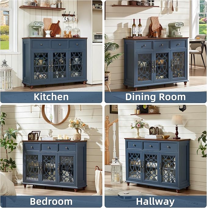 Large Sideboard Buffet Cabinet with Storage,48" Credenza with 3 Glass Doors & 3 Drawers,Adjustable Shelves Coffee Bar,Wood Kitchen Console Table for Dining Room,Living Room,Blue