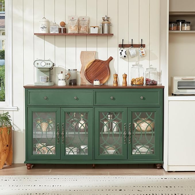 Farmhouse Sideboard Buffet Cabinet with Storage,Adjustable Shelves Console Table,59" Large Credenza with 4 Glass Doors & 2 Drawers,Wood Kitchen Coffee Bar for Dining Room,Living Room,Green