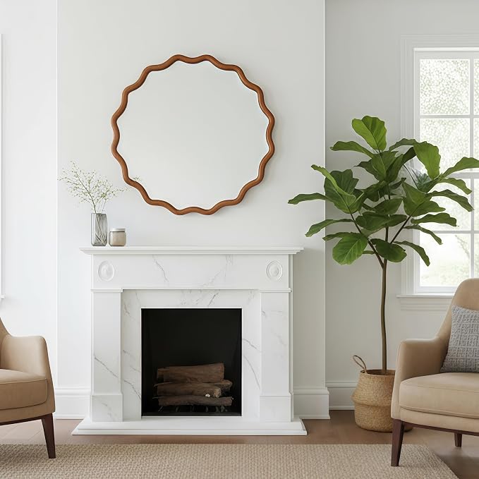 36 Inch Wooden Wavy Round Wall Mirror, Modern Solid Wood Frame Circle Decorative Accent Mirror for Bedroom, Bathroom, Living Room, Entryway, Yellowish Brown