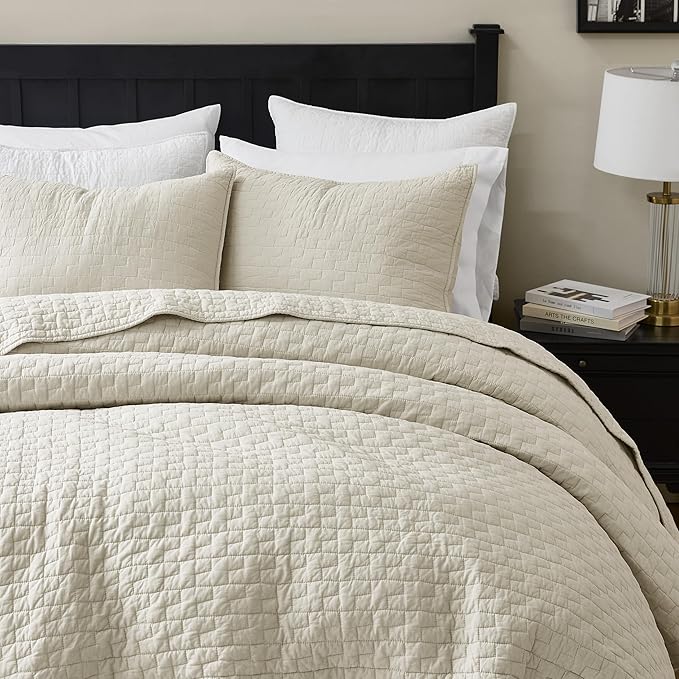 palassio Beige 100% Cotton Quilt Queen Size Bedding Sets with 2 Pillow Shams, Textured Lightweight Soft Bedspread Shabby Chic Coverlet, Neutral Quilted Comforter Bed Cover for All Season, 3 Pieces