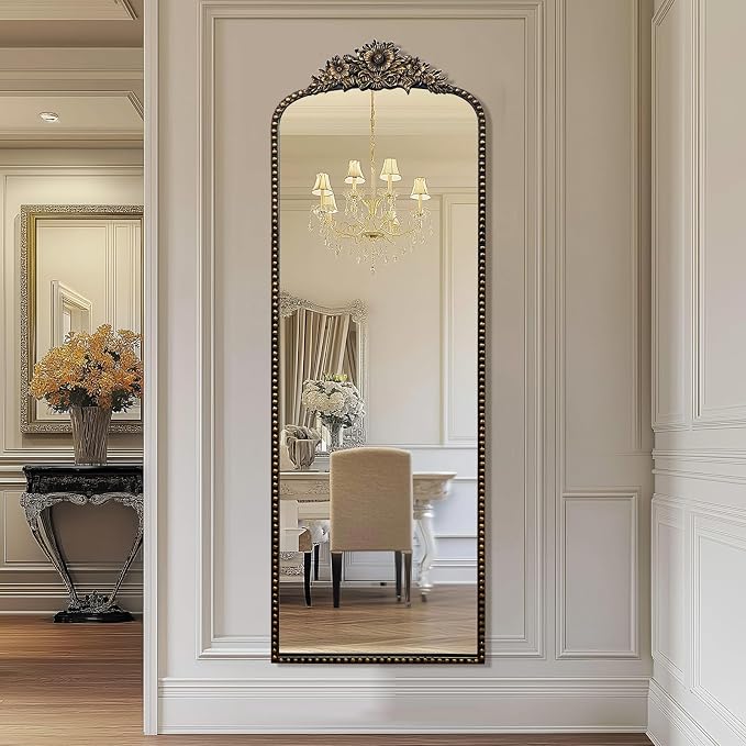 Full-Length Baroque Style Vintage Mirror, 65"L x 22"W, Wall-Mounted, Antique Black Iron Frame, Thick 4MM Glass, Explosion-Proof, Living Room, Bedroom, Entryway