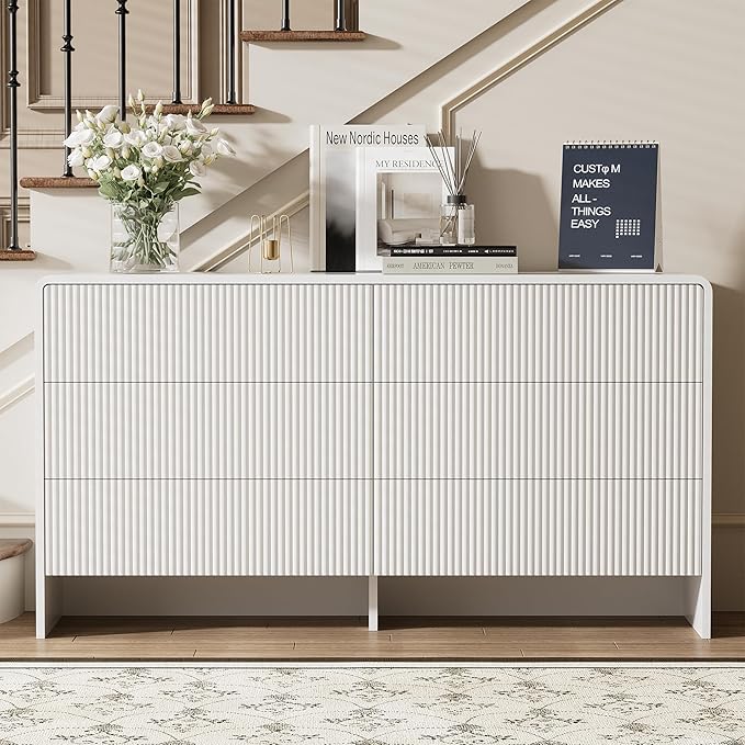 55" Wide Modern Dresser for Bedroom, 6 Drawer Chest of Drawers with Curved Design, Push-to-Open Storage Dresser, White