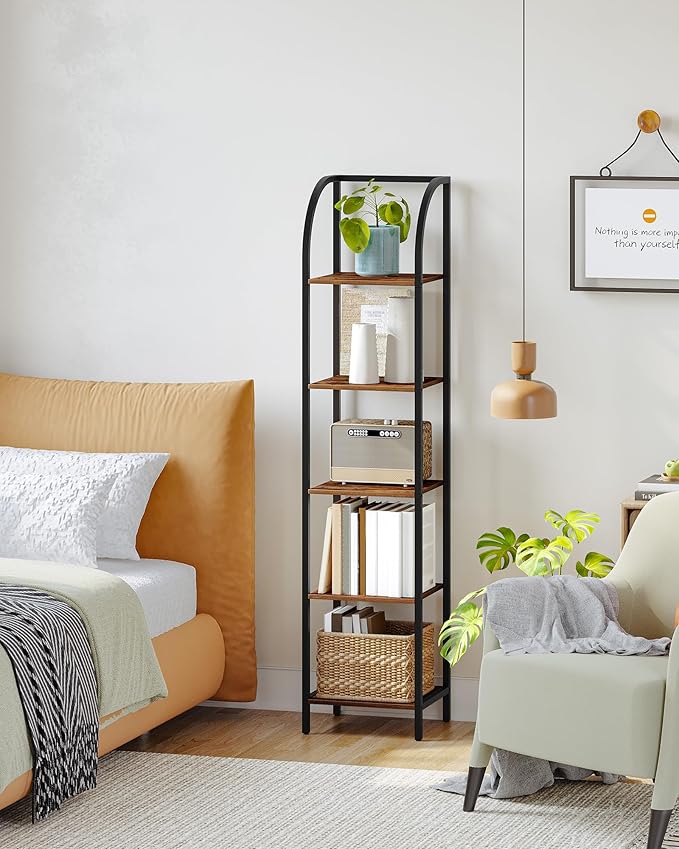 Hzuaneri Bookshelf Bookcase Narrow Bookcase Shelf Organizer with Steel Frame for Study Living Room Bedroom Kitchen Home Office Industrial Bookshelf 5-Tier Rustic Brown BC55001B