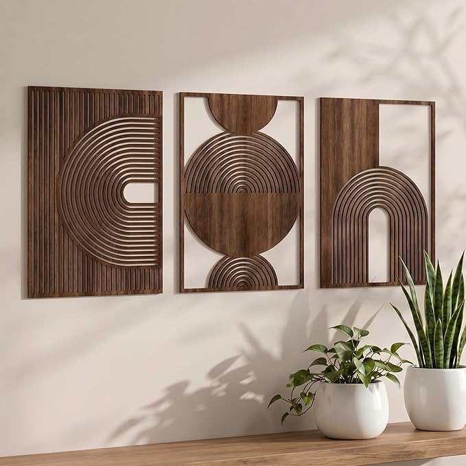 Yerliker 3 Pcs Mid Century Modern Wood Wall Art Decorations 3D Geometric Abstract Wall Sculpture for Living Room Bedroom Office Minimalist Aesthetic(Mid-century,15.75 x 15.75 x 1.97 Inch)