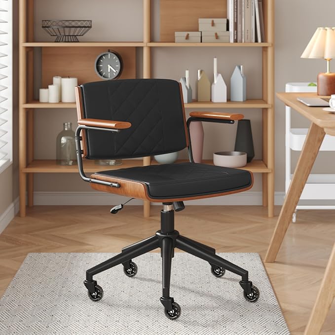 Ergonomic Office Chair with Rubber Wheels & Walnut Arms - PU Leather Mid-Back Desk Chair, Adjustable Height, Bentwood Backrest | Swivel Rocking Design for Home Office, Meeting Room, Study