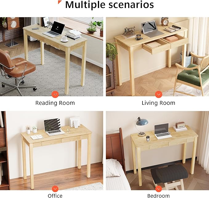 Solid Wood Desk with Drawers - 39" Narrow Desks for Small Spaces, Mid Century Modern Desks, Small Wooden Vintage Computer Writing Desk, Study Table for Home Office Bedroom, Natural