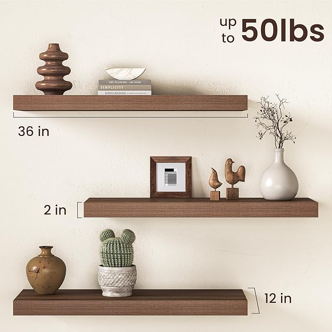 36Inch Walnut Floating Shelves for Wall, 12 Inch Deep Shelves for Bedroom, Kitchen, Bathroom Wall Mounted, Rustic Wood Floating Shelf with Invisible Brackets for Books, Storage, Decor, 2 Packs