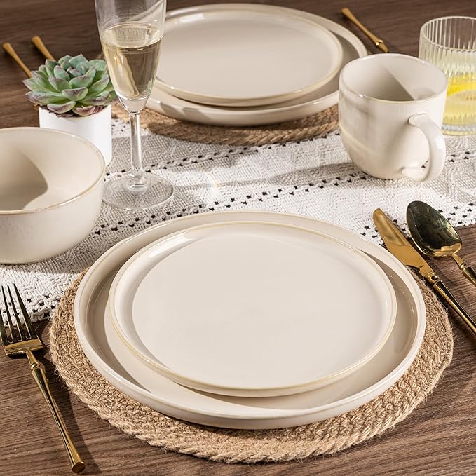 GBHOME Ceramic Dinnerware Sets for 4, 12 Pieces Stoneware Plates and Bowls Sets, Scratch Resistant Dishes, Dishwasher & Microwave Safe, Reactive Glaze-Vanilla color