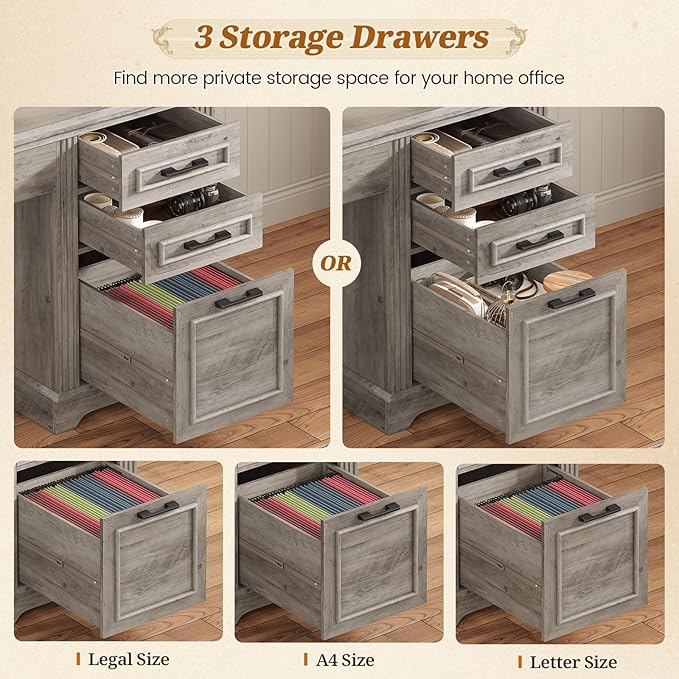 SEDETA Office Desk with 3 Drawers, 47.2" Executive Computer Desk with Storage Drawers and Hutch Cabinet, Wood Farmhouse Desk with Power Outlet for Home Office, Grey