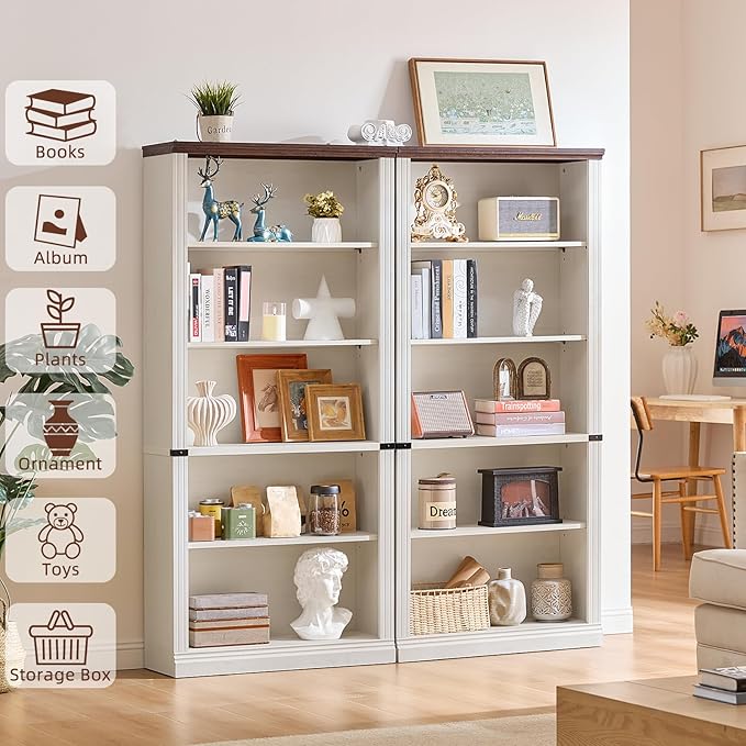 70" White Tall Bookshelf Set of 3,5-Tier Thick Wooden Book Shelf with Adjustable Shelves,Free Standing Farmhouse Bookcase with Open Display Storage,Floor Vintage Bookshelves for Living Room